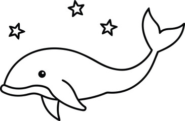 Whale Swimming Through Stars Line Drawing Illustration on Transparent Background
