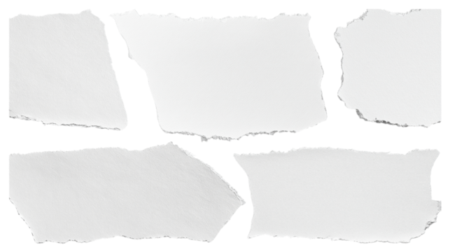 set - collection of torn white paper scrap or different shapes of ripped sheets isolated against a transparent white background ideal for digital collage designs or base for text grunge design element