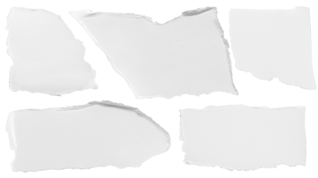 set - collection of torn white paper scrap or different shapes of ripped sheets isolated against a transparent white background ideal for digital collage designs or base for text grunge design element