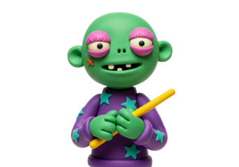 Whimsical claymation zombie character with playful expression holding a yellow stick, perfect for Halloween and creative projects