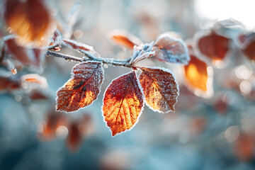 Delicate frosted autumn leaves catch golden sunlight, showcasing nature's stunning winter transformation and serene beauty.