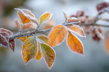 Stunning autumn leaves dusted with sparkling frost capture the beauty of a crisp winter morning's delicate touch.