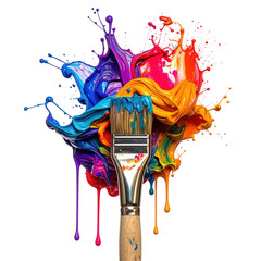 Vibrant paint splashes explode from a paintbrush, creating a colorful artistic burst against a clean white background.