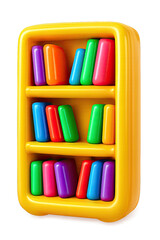 Captivating 3D rendered minimalist yellow bookshelf, brimming with a vibrant array of glossy, rounded, multicolored books, embodying playful learning and modern design. Ideal for digital resources, ed