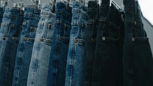 Close Up of Assorted Blue Jeans Hanging on a Metal Rack in Front of a Gray Wall in a Studio Setting with Professional Lighting