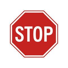 Red stop sign symbol with white letters indicating halt and control traffic for safety regulations and street signage warning about immediate action