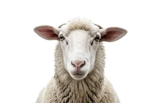 White fluffy sheep farm portrait looking at camera isolated on clear png background, funny moment, Farmland animals concept, with Generative Ai.