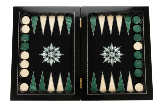Isolated backgammon board is open, game pieces visible and ready for strategy and fun