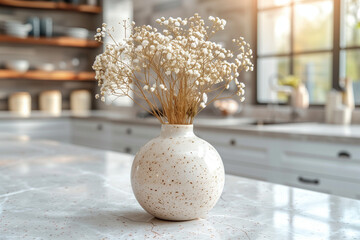 Bright sunlight fills the kitchen, highlighting the elegant marble countertop. A stylish vase holds delicate dried flowers, adding a touch of warmth to the modern space