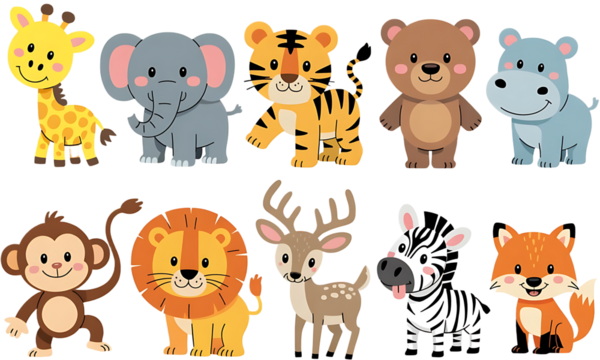 Cute Wild Animals in Standing position Vector Illustration. Animals include a giraffe, elephant, tiger, bear, hippo, monkey, lion, deer, zebra, and fox.