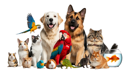 Cute group of various pet like dog cat parrot or rabbit isolated white background. furry domestic animal veterinary concept