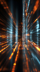 Digital Data Stream Tunnel, Futuristic Cyber Speed Highway, Neon Light Network Flow Visualization