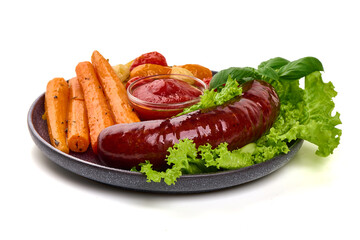 Grilled Sausage with Carrots, Tomato Sauce, Lettuce, isolated on white background