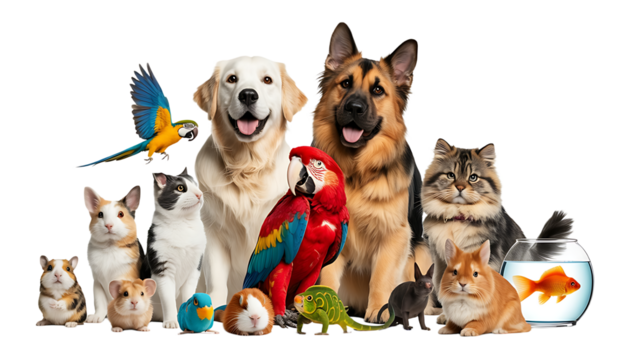 Cute group of various pet like dog cat parrot or rabbit isolated white background. furry domestic animal veterinary concept
