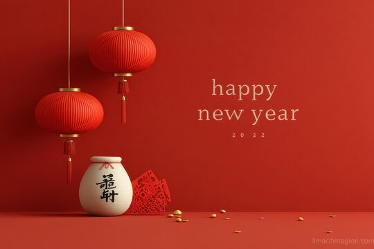 Happy New Year red decor with hanging lanterns, a ceramic jar, and gold coins display