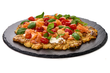 Potato Cake with Salmon, Tomatoes and Basil, isolated on white background
