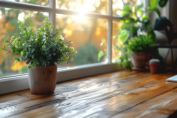 A cozy workspace showcases a minimal oak desk adorned with potted plants. Sunlight streams through the window, creating a warm and inviting atmosphere during the early evening hours