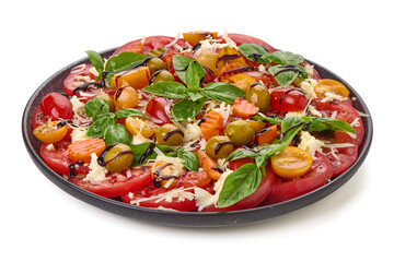 Tomato Basil Salad with Mozzarella and Balsamic, isolated on white background