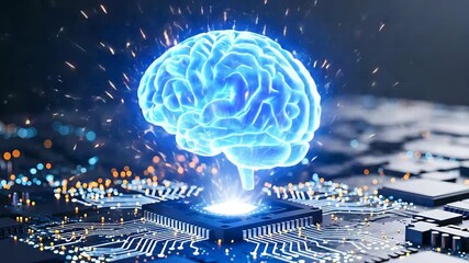 Artificial intelligence brain on a computer chip, representing future technology - Powered by Adobe