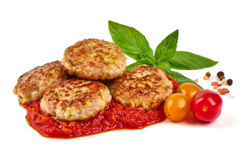 Cutlets with Tomato Sauce, Basil and Cherry Tomatoes, isolated on white background