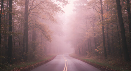 Fototapeta premium Ethereal journey down a mysterious road into a misty, atmospheric autumn forest