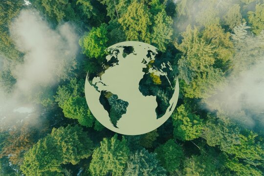 Green earth globe surrounded by lush forest and soft mist