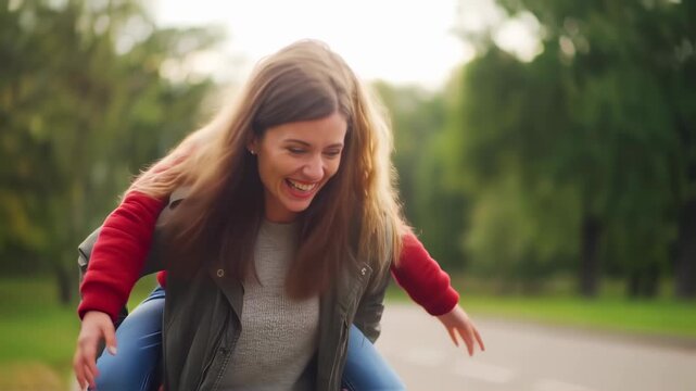 Two Friends Enjoying a Piggyback Ride in a Park. - Powered by Adobe