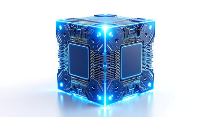 Futuristic quantum processor cube glowing with blue light and intricate circuit patterns, symbolizing advanced technology and innovation
