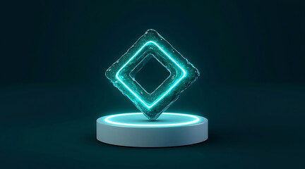 Glowing geometric crystal chip with neon blue light hovers above white circular pedestal in dark futuristic setting