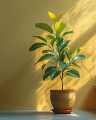 A clean hallway features a potted plant standing tall against a golden yellow wall. Sunlight streams in, creating a warm atmosphere with delicate shadows dancing on the surface