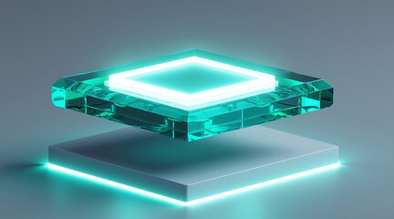 Glowing turquoise geometric crystal chip hovers above white platform with neon light edges, creating futuristic and sleek atmosphere