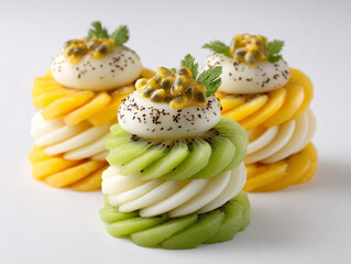 Exquisite Fruit Dessert: A colorful and artistically arranged trio of desserts, featuring layers of fresh kiwi, mango, and cream, topped with passion fruit and mint.