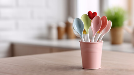 A Spoonful of Love: A delightful arrangement of colorful spoons, topped with a single red heart, sit in a charming pink holder.