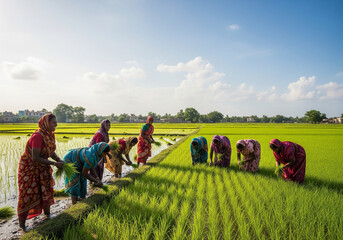 Women Planting Rice Seedlings in Paddy Field, Farming in Rural India Agriculture, Harvest, Crop.