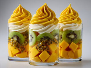 Tropical Parfaits: A culinary creation that tantalizes the senses, featuring layers of vibrant mango, luscious kiwi, exotic passion fruit, and a swirl of creamy goodness.