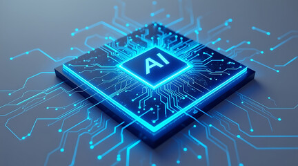 Artificial intelligence chip glowing with blue neon light on circuit board, symbolizing advanced technology and digital innovation