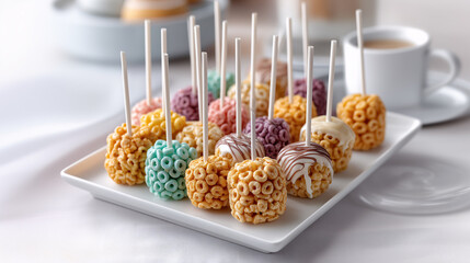 Sweet Treat Array: A delightful collection of colorful cereal treats on sticks, artfully arranged on a pristine plate, promising a burst of flavor and fun.