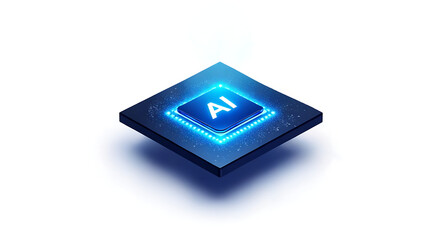 Artificial intelligence chip glowing with blue light levitating above dark platform, futuristic technology concept design