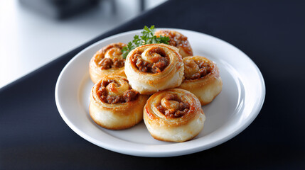 Savory Swirls: A tempting close-up shot of freshly baked, flavorful swirls on a pristine white plate, promising a burst of taste.