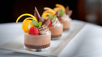 Delectable Trio: Artfully arranged individual desserts, each a miniature masterpiece of flavors and textures, with fresh ingredients and vibrant hues.