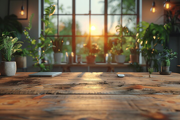 Bright home office features a polished oak desk adorned with a laptop and small plants. The sun sets outside, casting a warm glow through large windows filled with greenery
