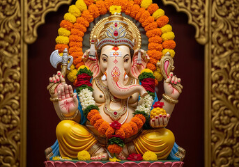 Obraz premium Majestic Lord Ganesha Statue Adorned with Flowers in a Temple Setting Hindu Deity Worship.