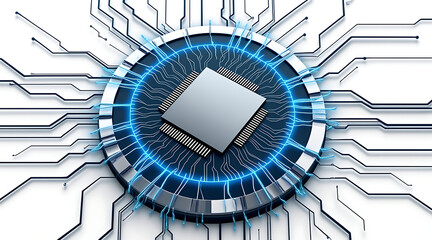 Silver circular processor disc with glowing blue electric circuits radiating outward, symbolizing advanced technology and digital connectivity