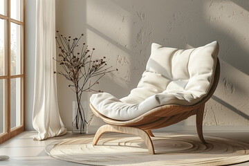 A contemporary lounge chair is placed beside a large window, creating a warm atmosphere. Soft sunlight highlights its unique design, enhancing the serene vibe of the space