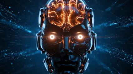 Closeup of a futuristic robot head with glowing orange eyes and an illuminated brain, set against a dark blue, abstract background with digital particles - Powered by Adobe
