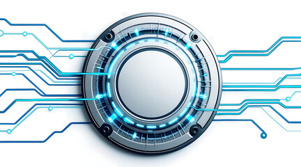 Silver circular processor disc with glowing blue digital circuit lines extending from it, symbolizing advanced technology and connectivity