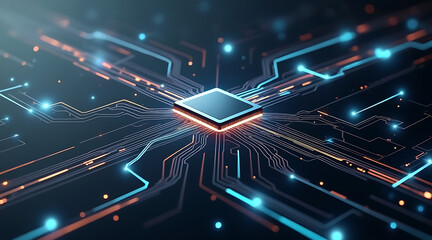 Sleek metallic microchip with holographic energy glowing on dark circuit board, symbolizing advanced technology and digital innovation