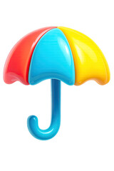 Vibrant 3D rendered multi-color glossy umbrella with red, sky blue, and bright yellow segments, featuring a glowing blue handle, set against a dynamic gradient background for visual appeal and digital