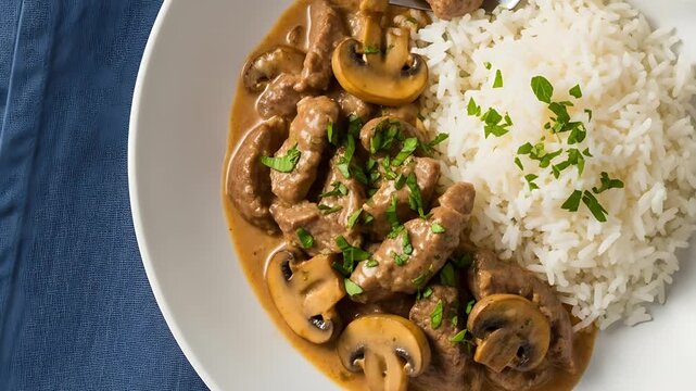A plate of beef stroganoff with white rice and a fork next to a blue linen napkin