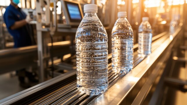 Plastic water bottles on conveyor belt in modern beverage production factory